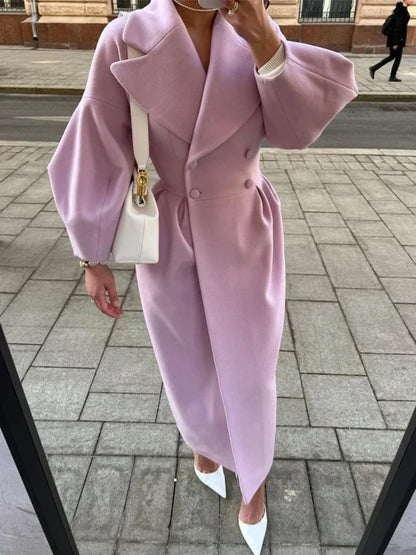 Damen Wollmantel rosa, doppelreihig, Laternenärmel, Wintermode, elegant, warm, lang.