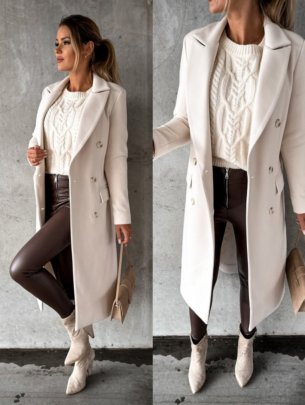 Frau in weißem Wollmantel, Strickpullover, brauner Hose, Stiefeletten, Herbstmode 2022.