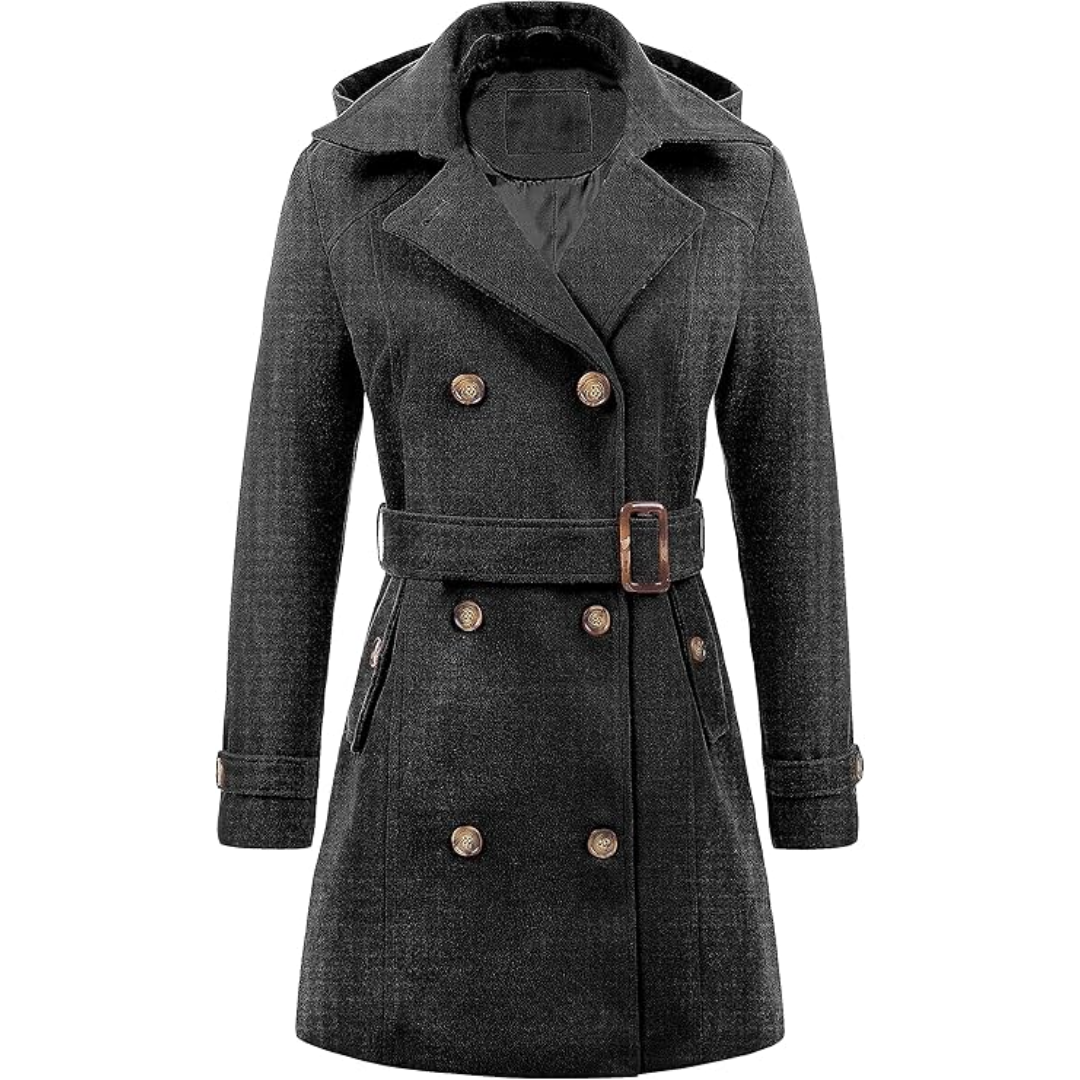 Damen Wintermantel, schwarz, doppelt geknöpft, mit Gürtel, Kapuze, eleganter Wollstoff.