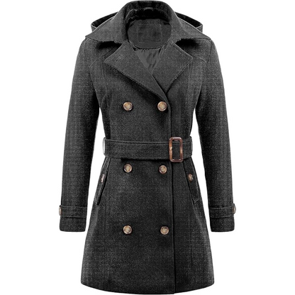 Damen Wintermantel, schwarz, doppelt geknöpft, mit Gürtel, Kapuze, eleganter Wollstoff.