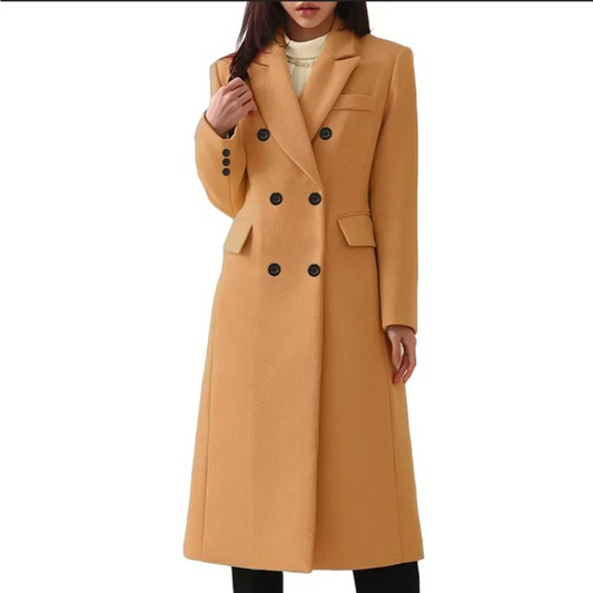 Damen-Wollmantel, doppelte Knopfleiste, beige, eleganter Wintermantel, modisch.