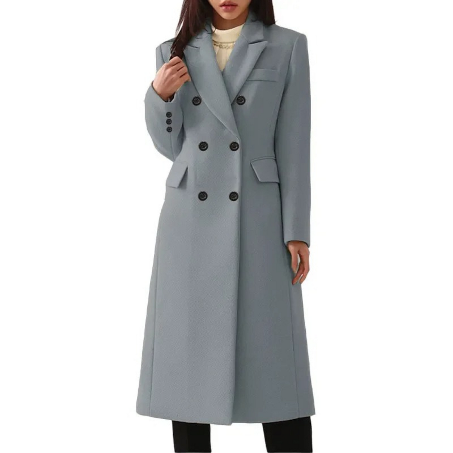 Damen Wollmantel grau, doppelter Kragen, eleganter Wintermantel, Knopfleiste, lang.