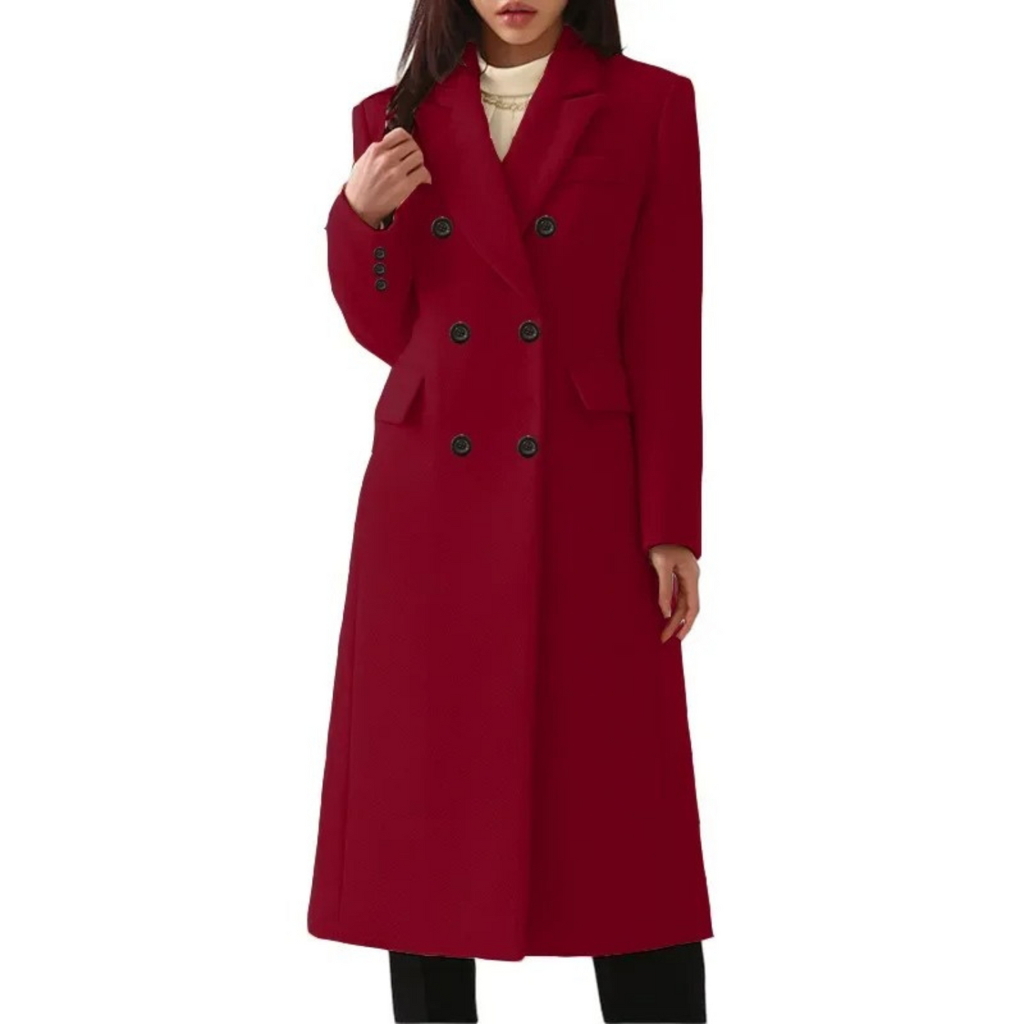 Damen-Wollmantel, rot, doppelreihig, eleganter Wintermantel, modischer Damenmantel.
