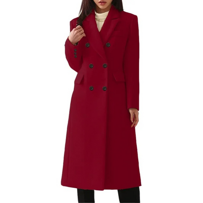Damen-Wollmantel, rot, doppelreihig, eleganter Wintermantel, modischer Damenmantel.
