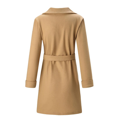 Beiger Damenmantel aus Wolle, knielang, mit Gürtel, elegantes Design, Herbstmode.