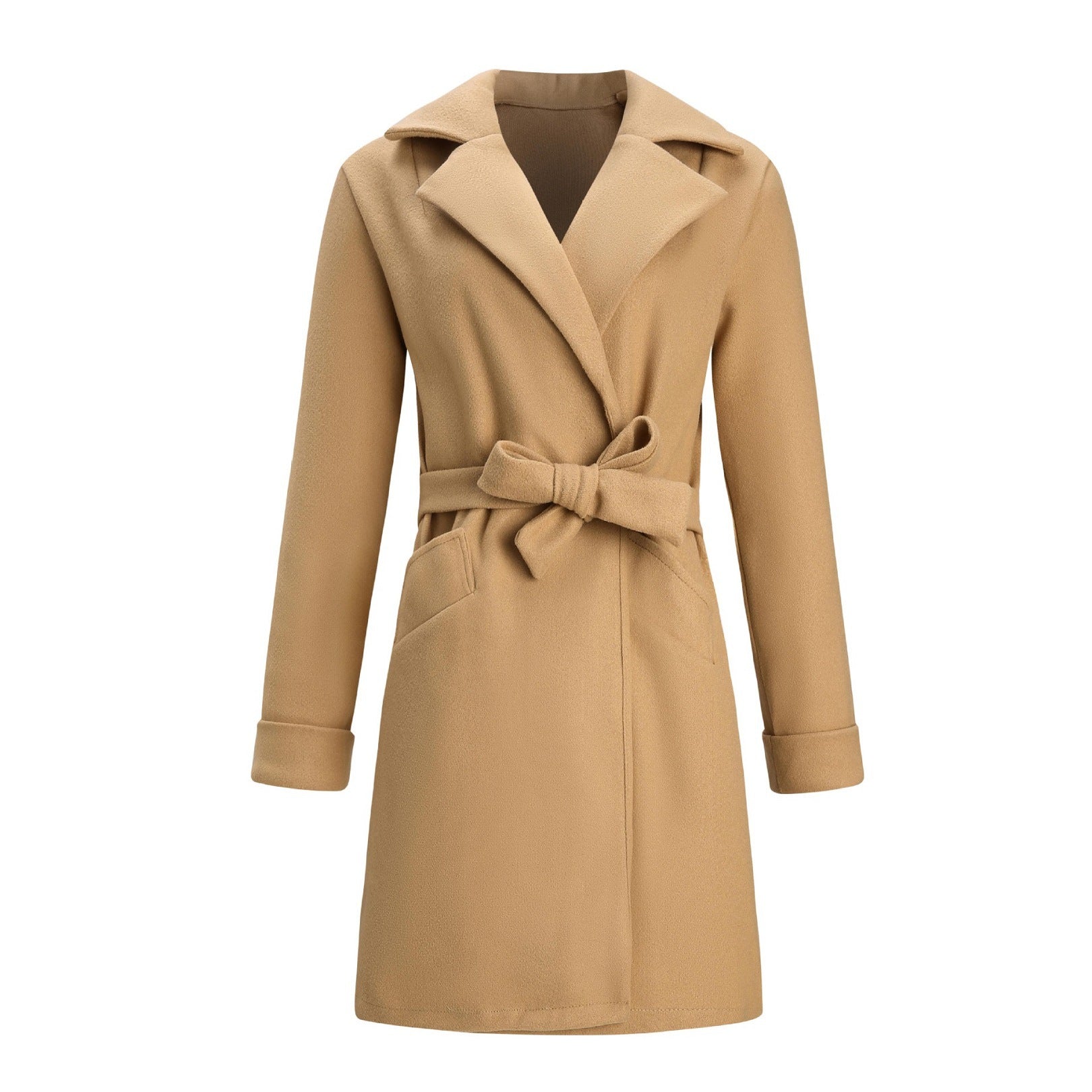 Damenmantel beige, Wollmischung, mit Gürtel, eleganter Herbst-Wintermantel, klassischer Stil.