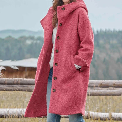 Frau in rosa Wollmantel mit Kapuze, Herbstmode, Outdoor, lässig, warm, Damenbekleidung.