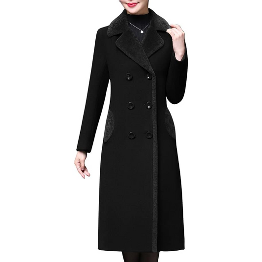 Schwarzer Damen-Wollmantel, doppelt geknöpft, elegantes Design, Wintermode, warm.