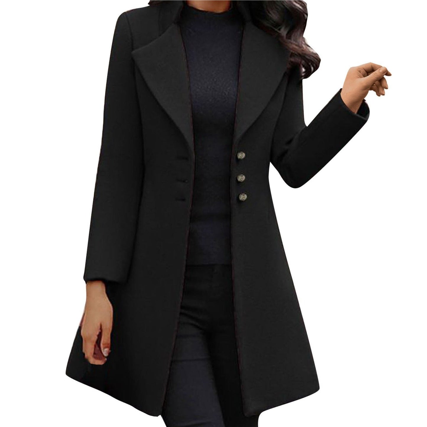 Damen Wintermantel schwarz, elegantes Design, Knöpfe, lange Ärmel, modische Oberbekleidung.