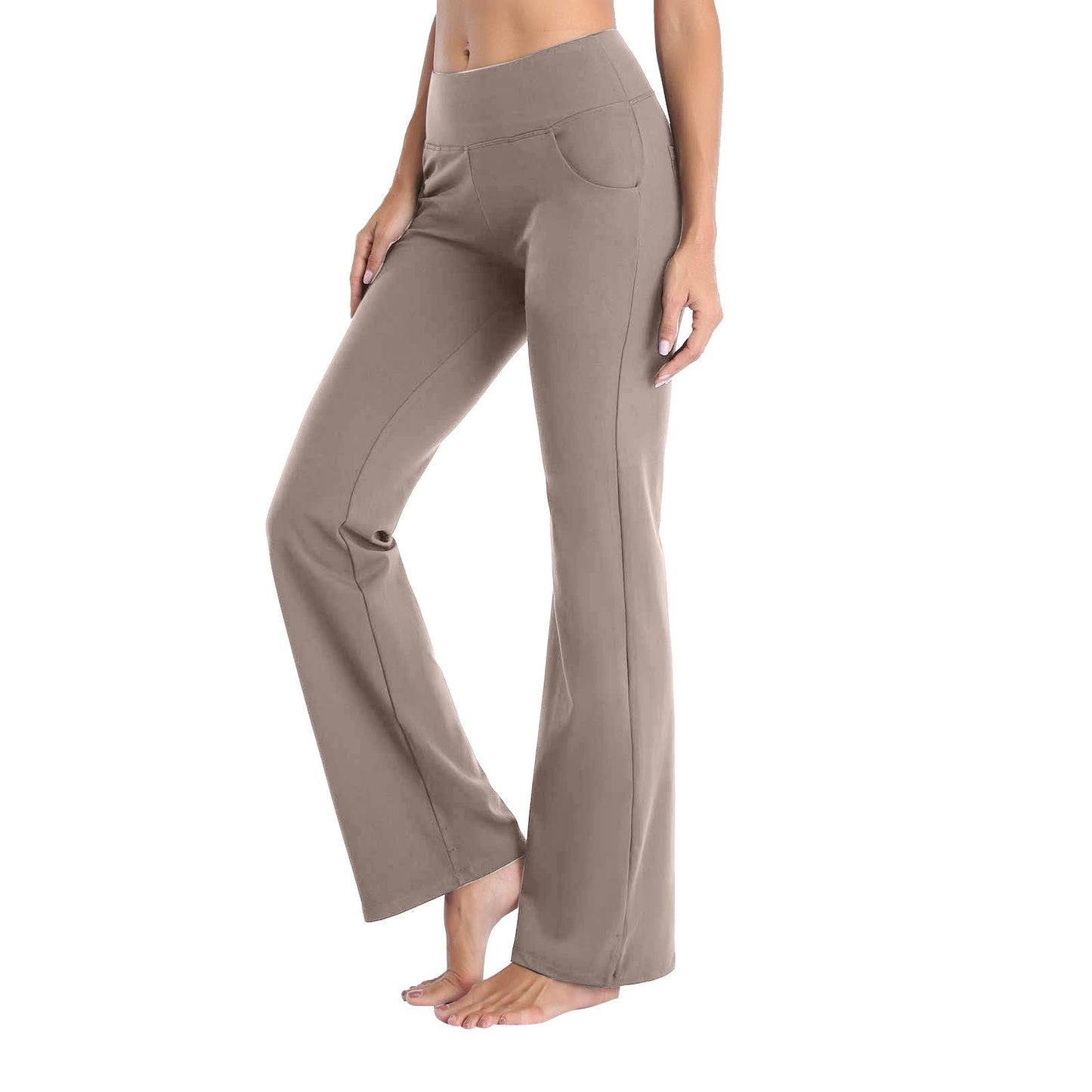 Damen Yogahose beige, Bootcut, elastisch, bequem, ideal für Fitness und Freizeit.