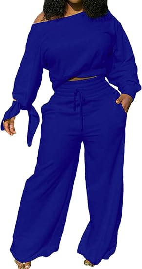Damen Zweiteiler Set, blau, Off-Shoulder Oberteil, weite Hose, Freizeitmode, bequem.