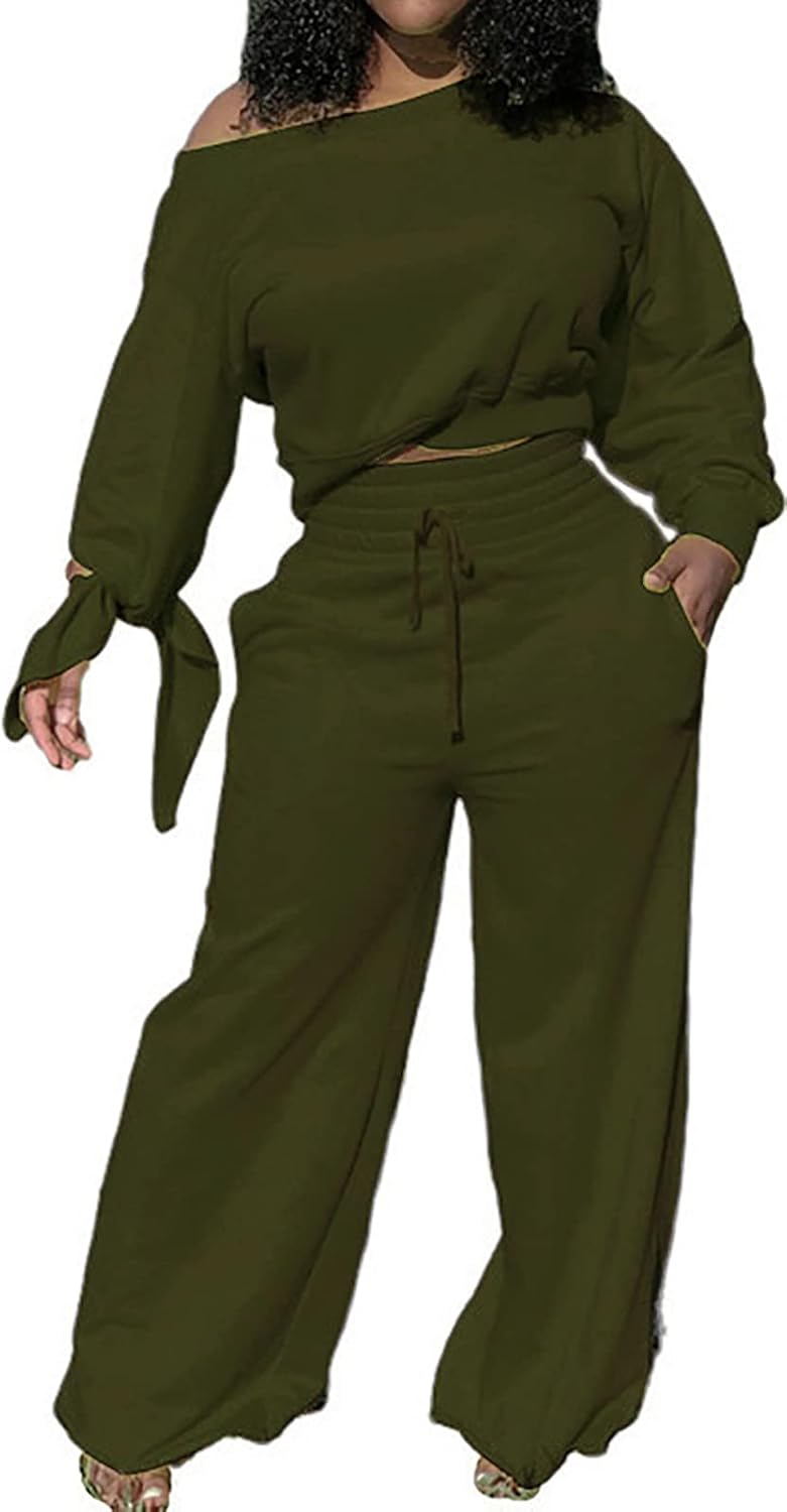 Damen Zweiteiler Set, olivgrün, Off-Shoulder Pullover, weite Hose, Freizeitmode, bequem.