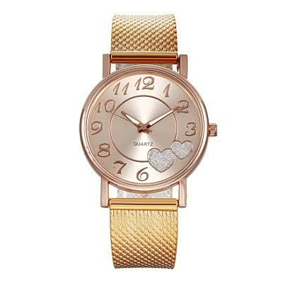 Goldene Damenarmbanduhr mit Herzdesign, Quarzwerk, elegantes Zifferblatt, modisches Accessoire.