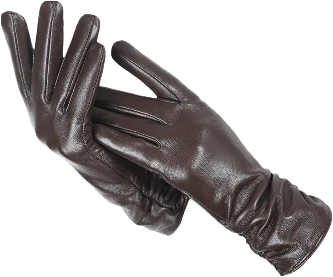 Dunkelbraune Lederhandschuhe für Damen, elegant, warm, Winteraccessoire.