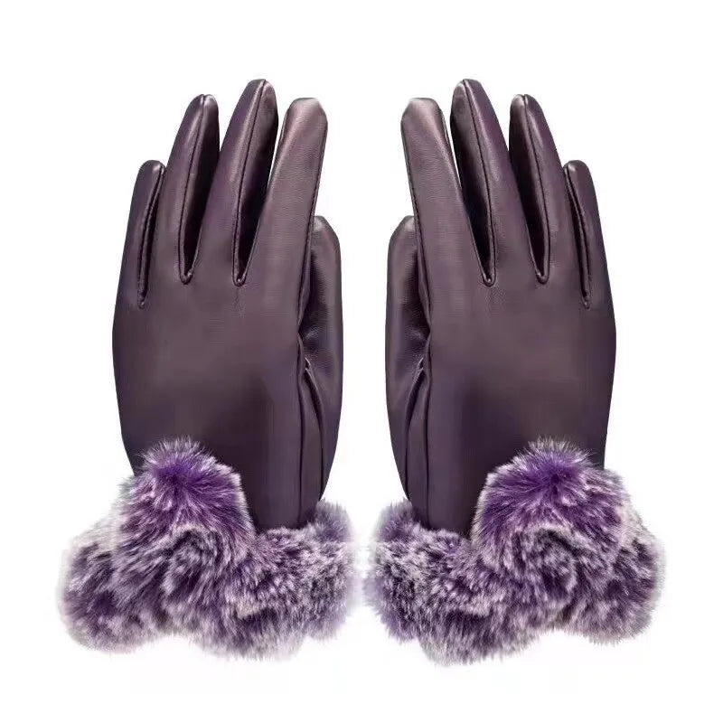 Damenhandschuhe Leder lila mit Kunstpelz, Wintermode Accessoire, elegant und warm.