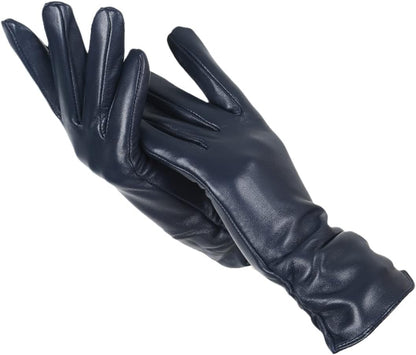 Damenhandschuhe Leder navyblau elegant Wintermode Accessoire warm stilvoll hochwertig.