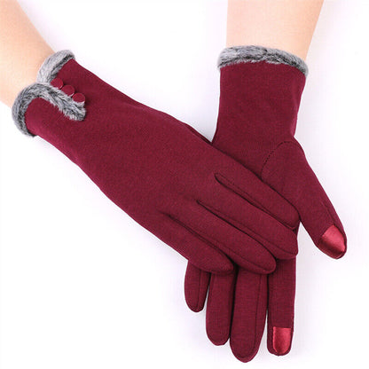 Damenhandschuhe rot, Touchscreen-fähig, mit Knöpfen und Kunstfell, Wintermode Accessoire.