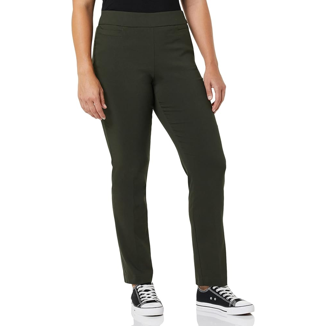Dunkelgrüne Damenhose, gerade geschnitten, aus Baumwolle, ideal für Freizeit und Büro.