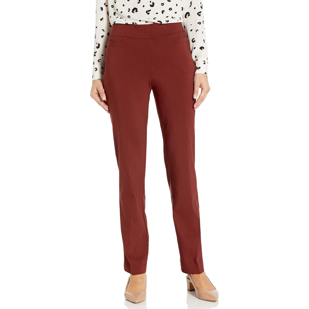 Damenhose, rotbraun, elegant, gerade Passform, Büro-Outfit, Herbstmode, bequem, stilvoll