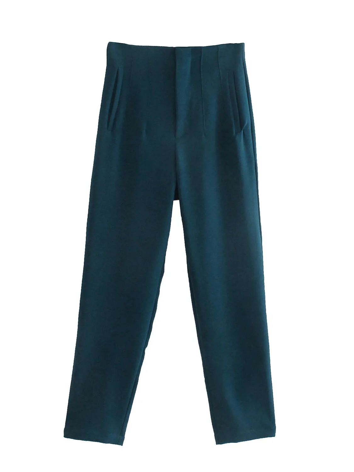 Dunkelgrüne Damenhose, elegant, hohe Taille, Falten, Business-Mode, Stoffhose.