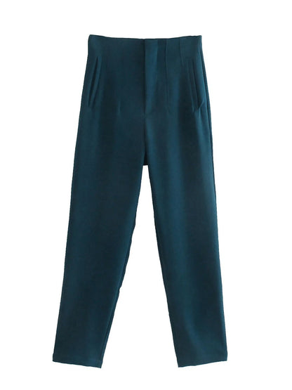 Dunkelgrüne Damenhose, elegant, hohe Taille, Falten, Business-Mode, Stoffhose.
