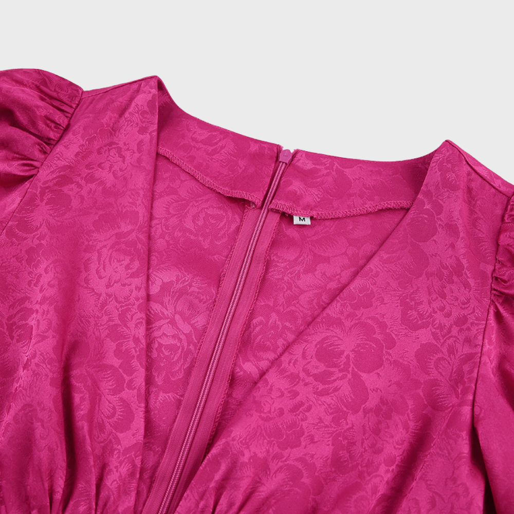 Rosa Damenkleid mit Blumenmuster, V-Ausschnitt, Puffärmel, Reißverschluss, Größe M.