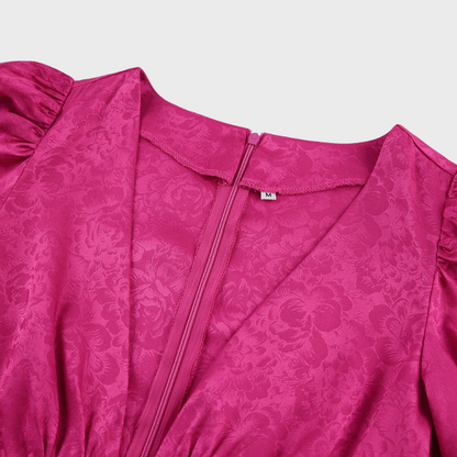 Rosa Damenkleid mit Blumenmuster, V-Ausschnitt, Puffärmel, Reißverschluss, Größe M.