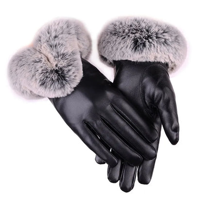 Schwarze Lederhandschuhe mit grauem Kunstpelzbesatz, elegant und warm für den Winter.