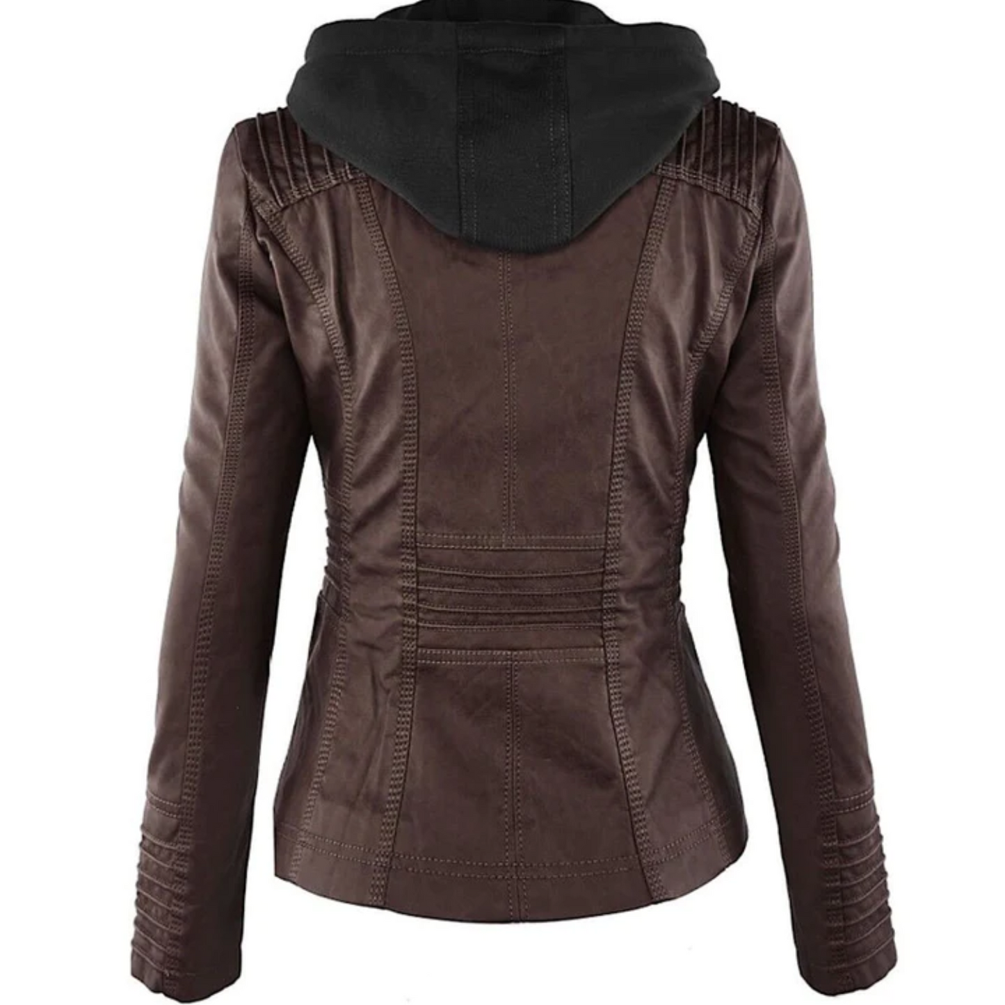 Damen Lederjacke braun mit Kapuze, stilvoll, modisch, Herbstmode, hochwertige Materialien.