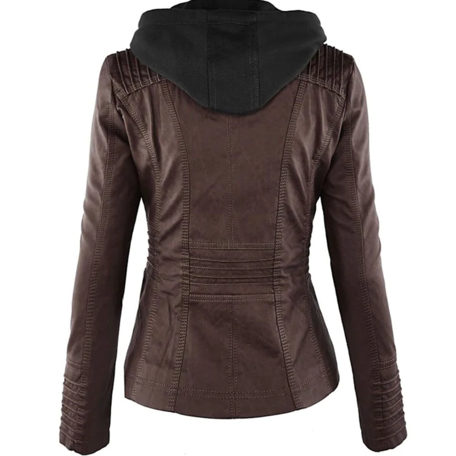 Damen Lederjacke braun mit Kapuze, stilvoll, modisch, Herbstmode, hochwertige Materialien.