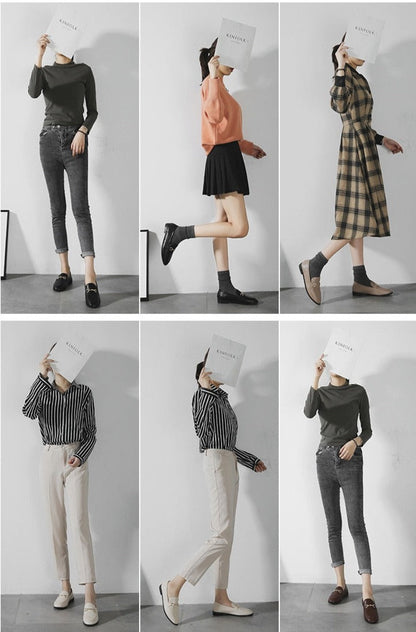 Sechs Damen-Outfits mit verschiedenen Oberteilen, Hosen und Schuhen, modische Herbstkleidung.