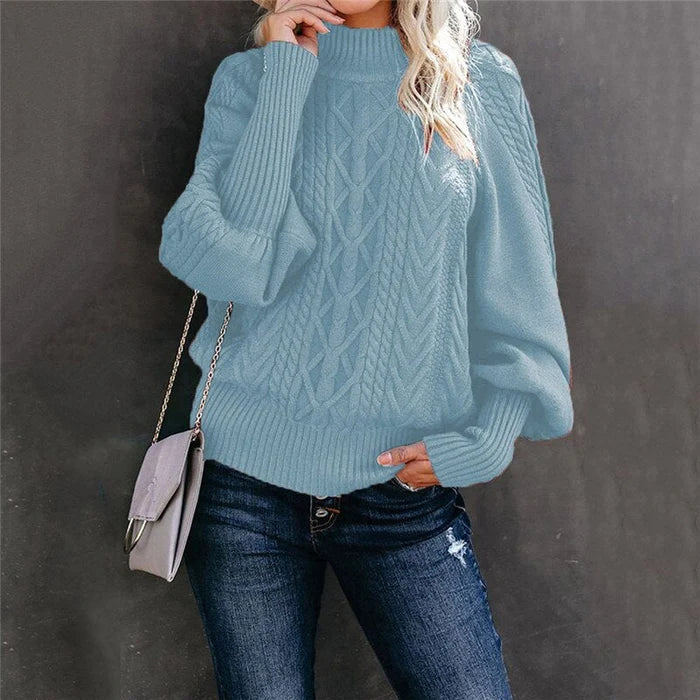 Damenpullover mit hohem Kragen, blau, Strickmuster, modisch, warm, Herbstmode.