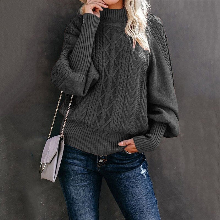 Damenpullover mit hohem Kragen, grau, Strickmuster, warm, modisch, Herbstmode, Freizeitlook.