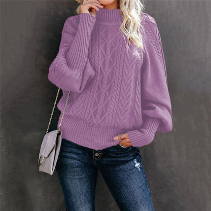 Damenpullover lila Strick, hoher Kragen, modisch, warm, Herbstmode, Freizeitkleidung.