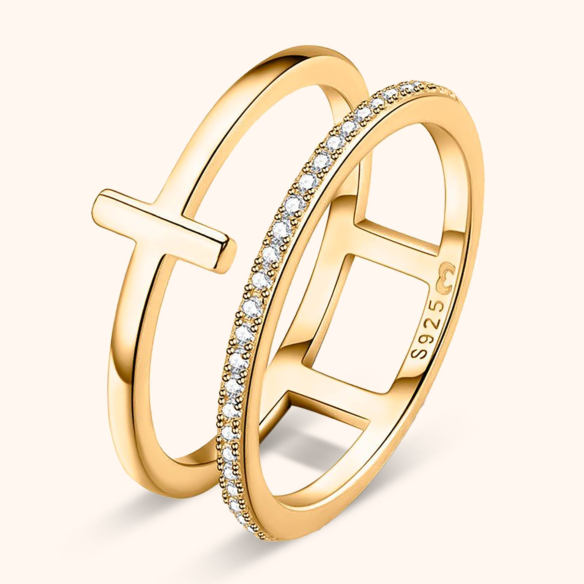 Goldener Doppelring mit Zirkonia, minimalistisches Design, 925er Silber, Schmuck für Damen