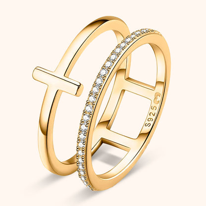 Goldener Doppelring mit Zirkonia, minimalistisches Design, 925er Silber, Schmuck für Damen
