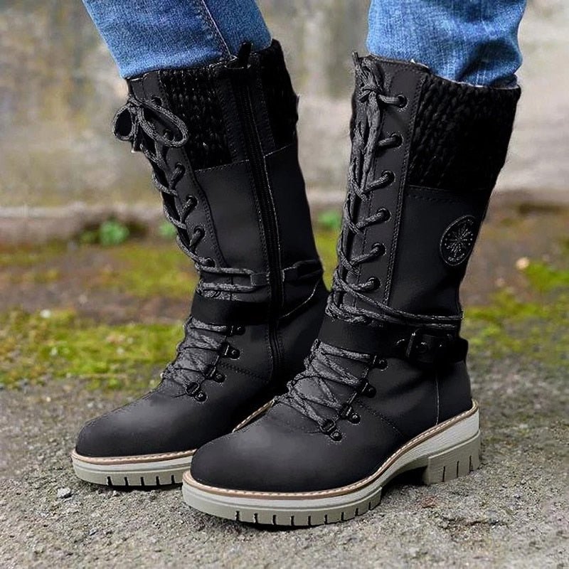 Schwarze Damenstiefel mit rutschfester Sohle, Schnürung, Reißverschluss, Outdoor, Wintermode.