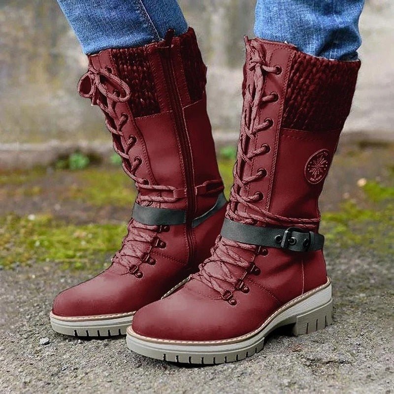 Damenstiefel rot, rutschfeste Sohle, Schnürung, Lederoptik, Winterstiefel, bequem, modisch.