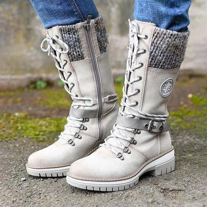 Damenstiefel beige, rutschfeste Sohle, Schnürung, Reißverschluss, Winterstiefel, bequem.