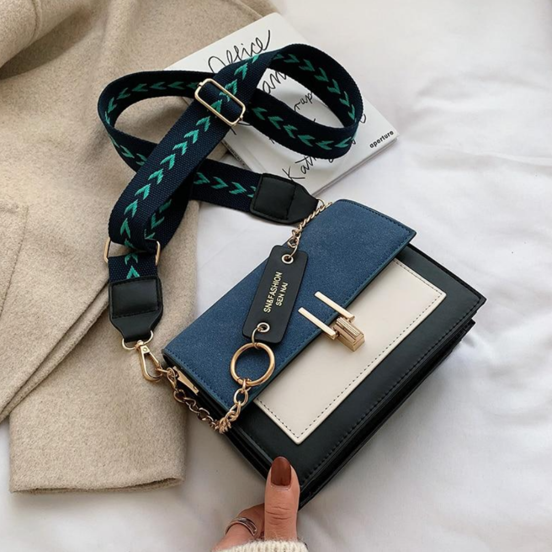 Damenhandtasche blau-schwarz, Leder, verstellbarer Riemen, modisch, elegant, Alltagsgebrauch.