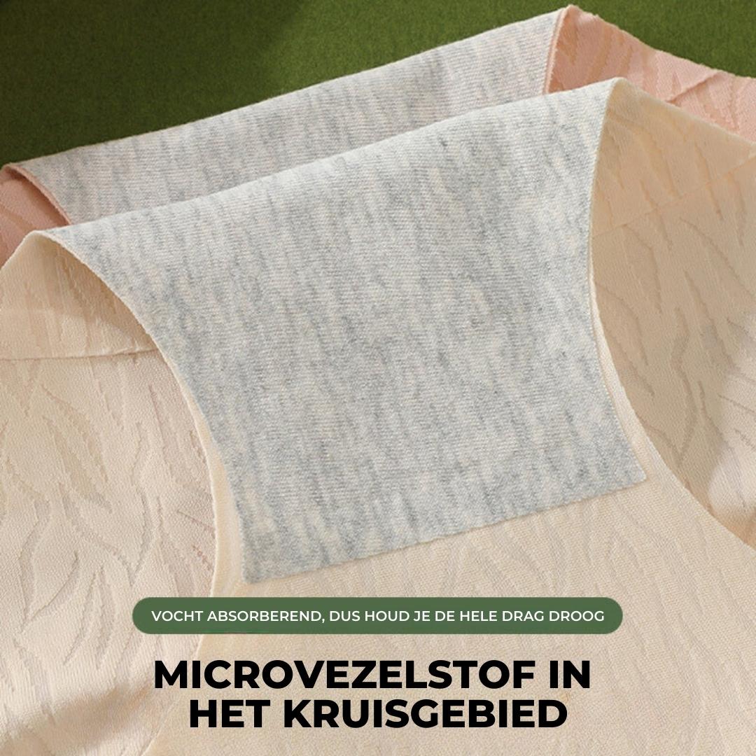 Beige Damenunterwäsche mit grauem Mikrofaser-Einsatz, feuchtigkeitsabsorbierend.