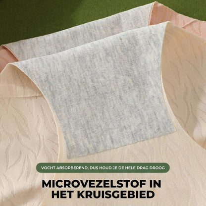 Beige Damenunterwäsche mit grauem Mikrofaser-Einsatz, feuchtigkeitsabsorbierend.