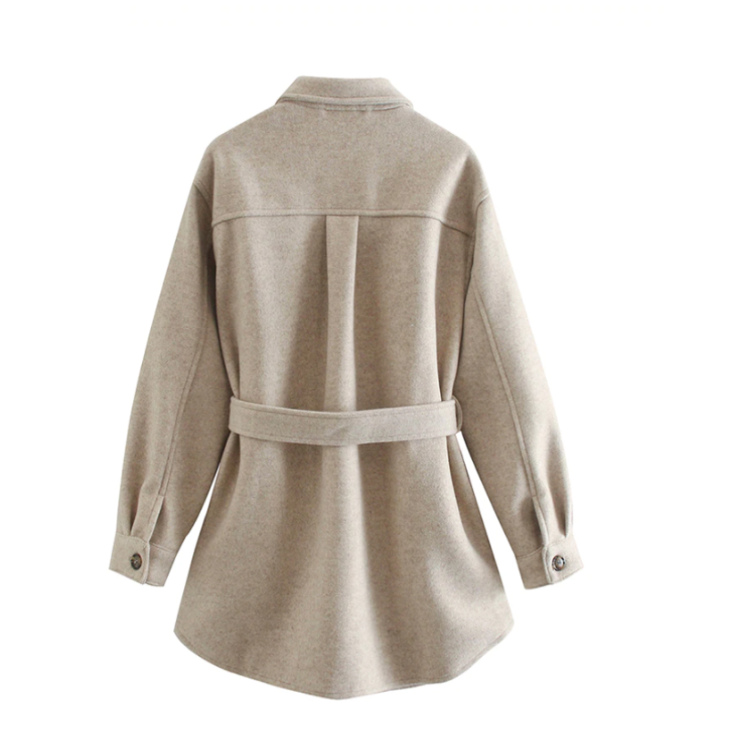 Beige Damen Wolljacke mit Gürtel und Knöpfen, ideal für Frühling, modisch und elegant.