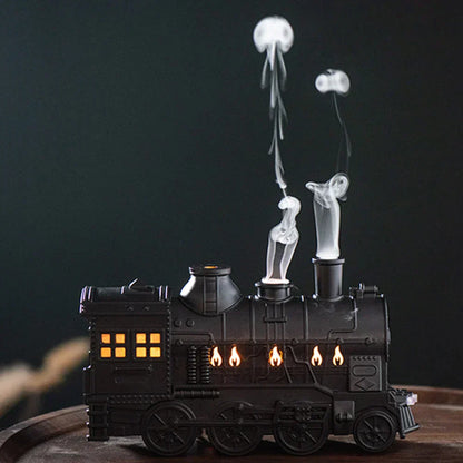 Schwarzer Zug-Luftbefeuchter mit LED-Licht und Dampfauslass, dekorativ, nostalgisch.