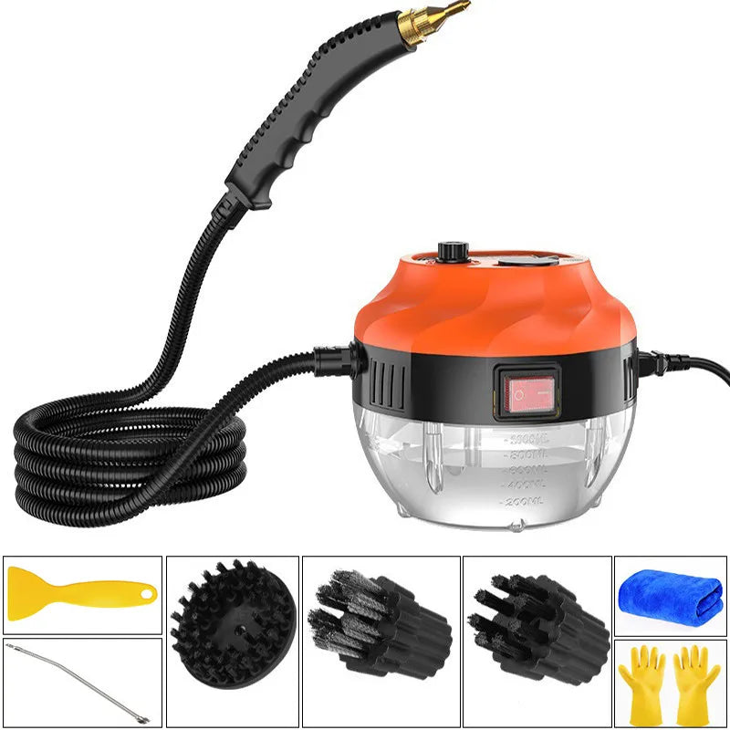 Tragbarer Dampfreiniger orange, Zubehör, Reinigungsgerät, vielseitig, Haushalt, Auto, Fenster.