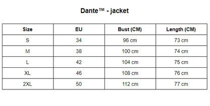 Größentabelle für Dante™-Jacke, EU-Größen, Brust- und Längenmaße in cm.
