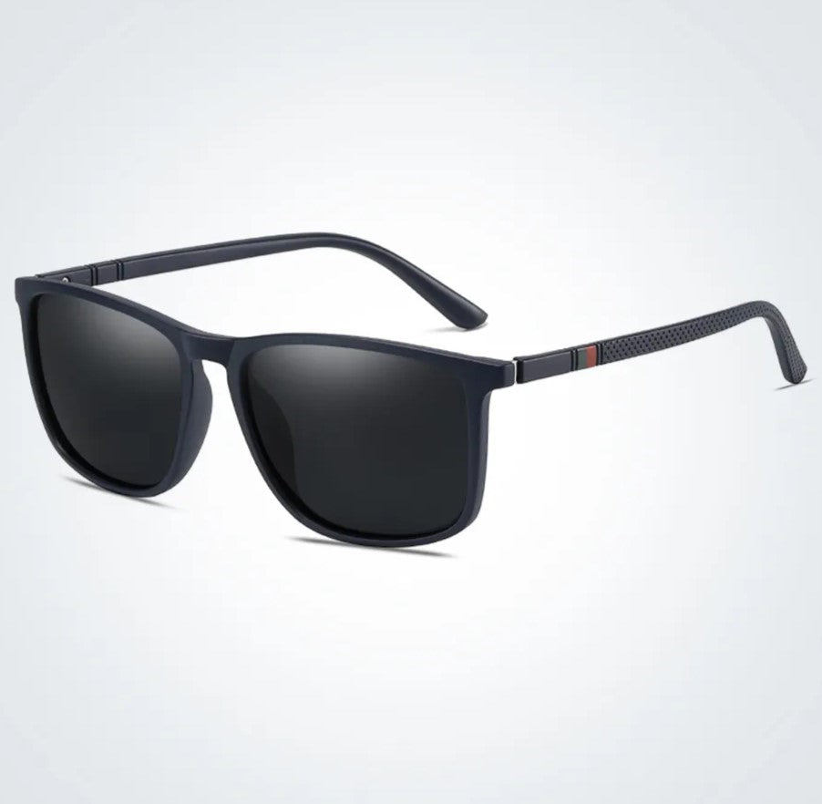 Dunkelblaue Sonnenbrille, rechteckig, UV-Schutz, modisch, Unisex, Kunststoffrahmen.