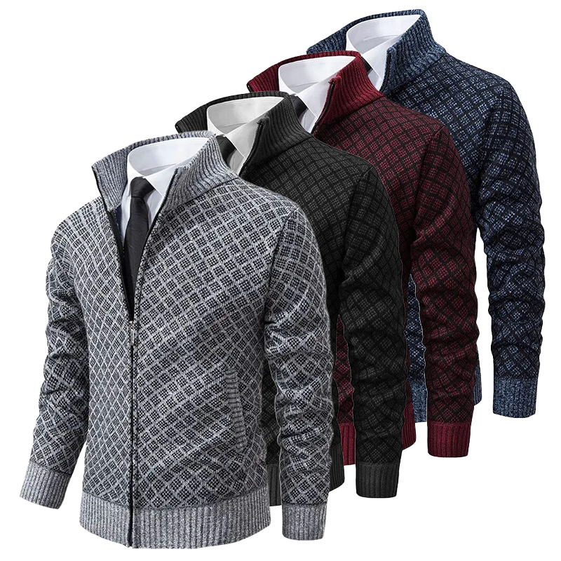 Herren Strickjacke mit Reißverschluss, kariert, in Grau, Schwarz, Rot, Blau, elegant, modisch.