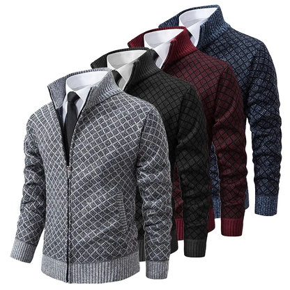 Herren Strickjacke mit Reißverschluss, kariert, in Grau, Schwarz, Rot, Blau, elegant, modisch.