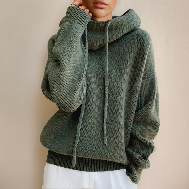 Damen Kapuzenpullover aus grünem Strick, lässig, warm, modisch, ideal für Herbst und Winter.